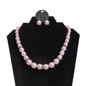 Soft Pink Round Beaded Adjustable Single Strand Matching Necklace & Earring Set
